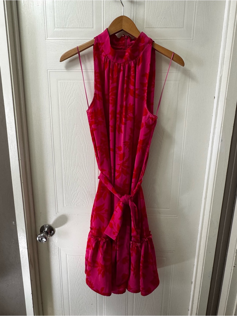 Sam Edelman Hot Pink Floral Halter Tie-Waist Mini Dress